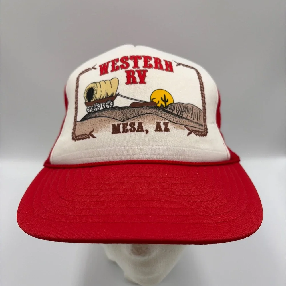 Vintage Mesa AZ Snapback Trucker Hat Mens OSFA Red Western RV Covered Wagon Mesh